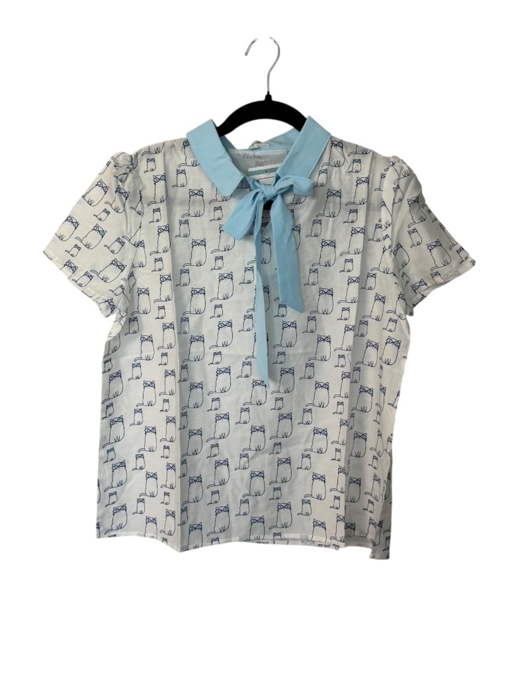 Tulip B Women’s Short Sleeve White & Blue Tie Neck Cat Design Blouse Sz S NWT